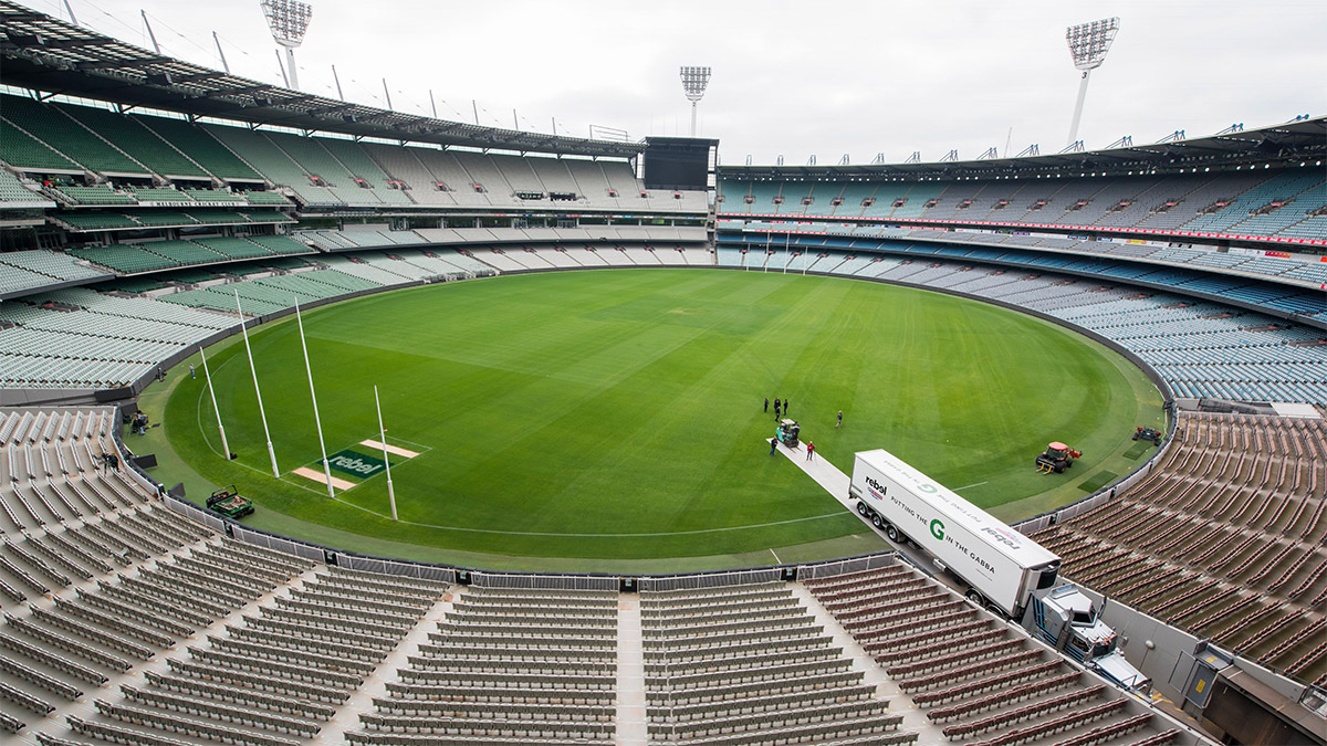 The MCG goal square turf is transferred to a waiting truck