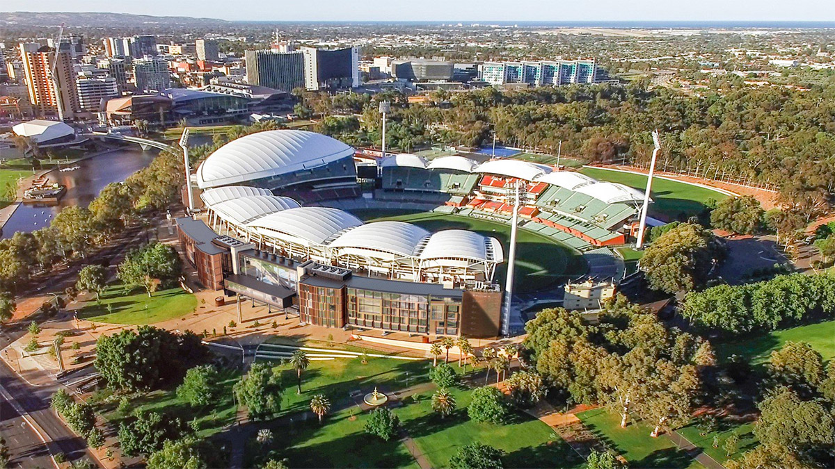 Aerial view of Adelaide Oval and its new integrated hotel