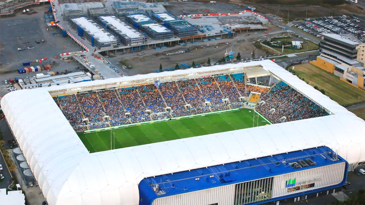 Aerial view of Cbus Stadium during an NRL game