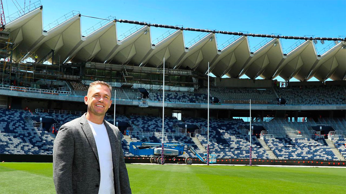 Joel Selwood in front of the new grandstand to be named in his honour